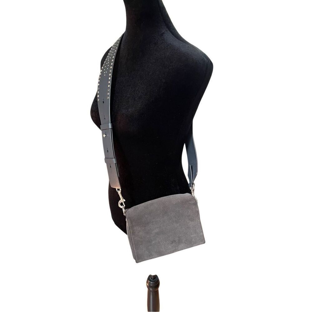 All saints Billie Mini Suede Crossbody Bag Purse Gray Suede Black Leather Strap